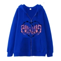 Dark blue zip-up hoodie with spider web heart print and pink PANIC graphic art - Royal Blue (Thorn Heart Print)