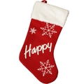 Calza di Natale rossa in peluche con fiocco di neve e ricamo Happy bianco - Stile Happy