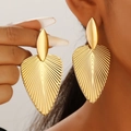 Exaggerated large gold leaf earrings with radial texture on polished alloy surface - Fan-shaped Embossed Leaf Shape (N-177) / Gold