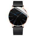Men's quartz watch with black dial, rose gold case and black stainless steel mesh strap - Blue Hands Rose Gold Case Black Mesh Band
