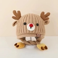Khaki baby deer knitted beanie with brown antlers and plush ear flaps for winter warmth - 48-53cm (1-6 Years) / Khaki