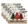 Set of 4 Christmas placemats with festive trees and Merry Christmas text on linen fabric - CD62-10 (Plaid Christmas Tree)