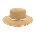 Sombrero de paja de copa plana con bordes deshilachados y banda de cuero blanco de verano - M (56-58cm) / Caqui