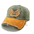 Berretto da baseball vintage lavato con visiera a contrasto e toppa a farfalla sfrangiata - M(56-60cm) / Verde Oliva e Arancione