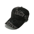 Detailed close-up of distressed black cotton baseball cap with embroidered PACE lettering - M (56-58cm) / Black