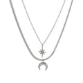 Collana doppia in argento con ciondoli a stella e luna e catena a serpente - Esagramma Stella Luna / Color Acciaio
