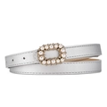 Silver metallic skinny belt for women with elegant pearl and rhinestone oval buckle - Silver