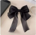 Elegant oversized black tulle bow hair clip with long ribbons and a vintage aesthetic - Black