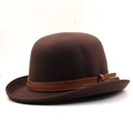 Detailed view of dark brown wool bowler hat featuring a stitched leather band decoration - M(56-60CM) Adjustable / Coffee
