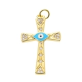 Golden cross pendant with blue evil eye center and zircon stones on a white background - Pendant 8-X2282 (Gold Evil Eye Blue Stone Cross)