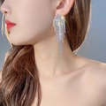 Elegant silver long tassel earrings with sparkling rhinestones and a geometric design - Silver Fan Shaped Dangle Tassel Earrings
