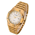 Classic men's quartz watch with gold metal strap, white textured dial and date display - Gold White