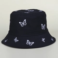Classic black bucket hat with white butterfly embroidery on high-quality cotton fabric - M (56-58cm) / Black
