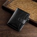 Cartera corta de cuero negro para hombre con monedero con cremallera y cierre de presión - Negro