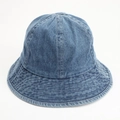 Detail of blue denim bucket hat showing white stitching lines and washed fabric texture - Medium Blue & White