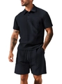 Men's casual black short sleeve polo shirt and shorts set with diamond knit texture - Navy Blue