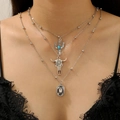 Bohemian multi-layer necklace with cactus, bull head and turquoise stone in retro silver - 3-Layer Cactus Cow Skull Necklace (330 Silver A-368)