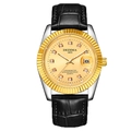Luminous quartz watch with gold fluted bezel, diamond markers and black leather strap - Black Strap Two-tone Case Gold Dial Men