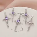 Silver-plated cross pendant with purple zircon inlay and twisted metal texture detail - 696# Silver - Purple Zirconia