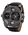 Oulm black leather strap dual timezone watch with unique multi-dial quartz face - Black With Black Case