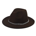 Detail of a dark brown wool fedora hat featuring a stylish silver metal chain band - Dark Coffee Hat Silver Chain