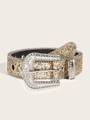 Detail of Western Y2K rhinestone belt featuring silver crystal buckle and gold glitter finish - 103cm(Size S) / 3.8cm Wide/Rhinestone Buckle Beaded Edge / Gold
