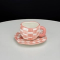 Handcrafted pink and white checkered ceramic coffee cup and saucer set with tulip motif - Pink Checkerboard Cup & Saucer