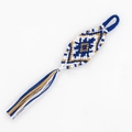 Woven boho keychain with blue and gold diamond pattern and matching fringe - Blue/White/Gold