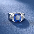 Men's silver ring featuring a large rectangular blue gem with pave white zircon accents - Sapphire Men's Ring Ljz-12 / Adjustable Open
