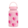 Pink 650ml vacuum water bottle with heart patterns and portable carrying loop - Pink Heart Print Design