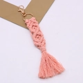 Handmade pink bohemian braided cotton keychain with tassels and golden metal hardware - Flesh Pink