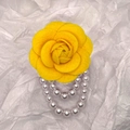 Vintage yellow camellia brooch with double-layer pearl chain for elegant suits - With Pearl Tassel / Yellow