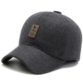 Men's winter baseball cap in dark grey wool fabric with ear protection and leather patch - Adjustable / Gray