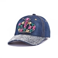 Dark blue denim baseball cap with colorful rhinestone crown and silver studded brim - 17-Gem Crown-Dark Blue