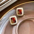 Vintage square enamel earrings with colorful abstract patterns and gold-plated borders - 108 Silver Pin-Color Enamel Square