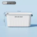 White stackable plastic storage bin with gray handles and DRXLRE BOX print in medium size - Tall Medium / Ivory
