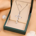 Silver cross necklace with marquise-cut stones in a green luxury jewelry gift box - 9211 / Silver