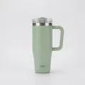 Close-up of mint green 40oz tumbler with ergonomic handle and clear lid design - Mint Green
