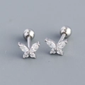 Pair of S925 silver butterfly stud earrings with sparkling zircon and screw back - 925 Silver / White Gold
