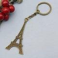 Detailed view of an antique bronze Eiffel Tower keychain with a metallic link chain - Bronze