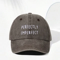 Detail of perfectly imperfect embroidery on washed cotton grey baseball cap - Coffee