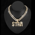Gold plated hip hop STAR letter pendant necklace with sparkling rhinestones for men - Gold Pendant with 18 Inch Cuban Chain