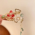Golden butterfly hair claw with red lily flower, white bloom and green tassel pendant - Gold Red Flower Butterfly Tassel Claw Clip (11#)