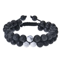 Double-layer braided bracelet with black lava stone and white marble-textured beads - 8mm Lava Stone Bracelet