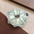 Elegant green layered lace scrunchie with floral prints and an original woven label - Q703-3 Green Mesh Blue Print