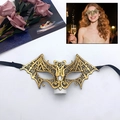Gold and black bat-shaped lace masquerade mask with embroidery and velvet ribbons - Bat