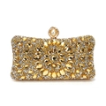 Golden evening clutch bag with amber rhinestones and a large pearl clasp for weddings - Gold