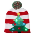 Gestreifte Weihnachtsstrickmütze mit LED-Beleuchtung und kleinem Tannenbaum-Muster - Erwachsene (Elastisch) / Weihnachtsbaum (Ohne Umschlag)