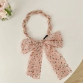 Pink floral chiffon headband with large bow, white pearls and gold chain accent - Pink Floral