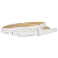 Slim white minimalist faux leather belt for women featuring a matching rectangular buckle - White